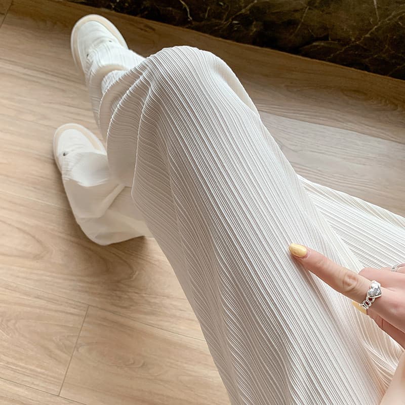 H789 calças de perna larga de seda gelo feminina primavera outono estilo fino Chiffon cintura alta Drape solto em linha