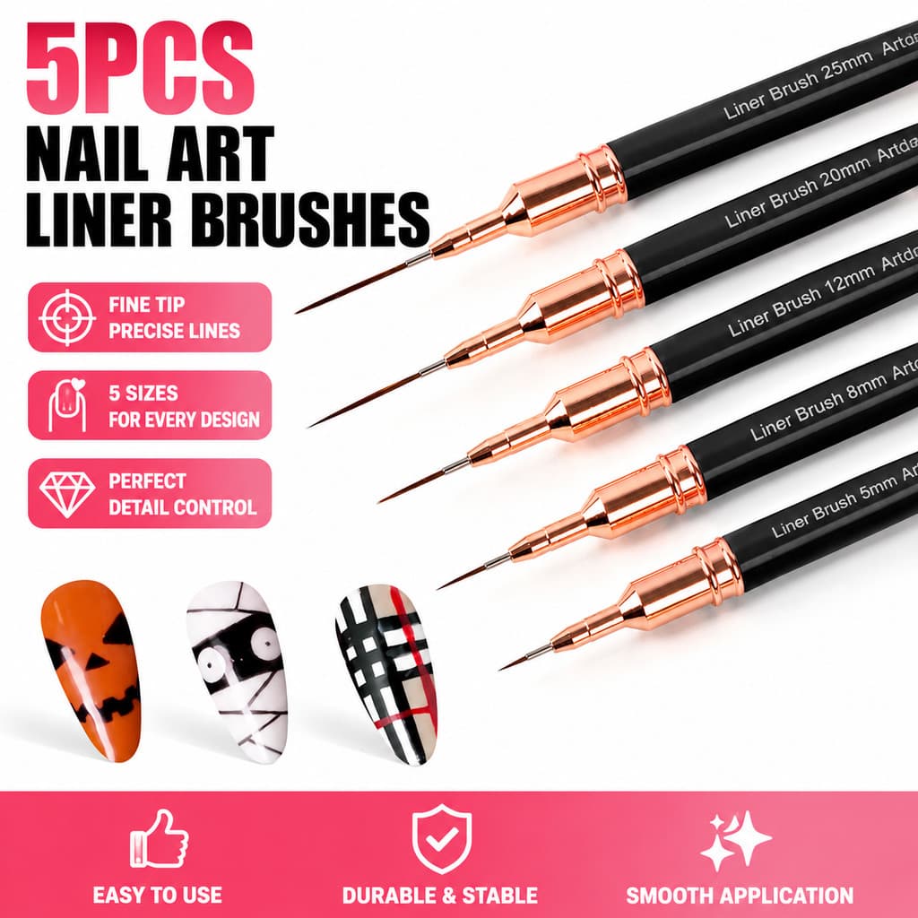 Conjunto De Pincéis Para Forro De Arte Em Unhas , 5 Peças , Cabo Metálico , De Pintura De Detalhes Finos Esmalte Gel UV