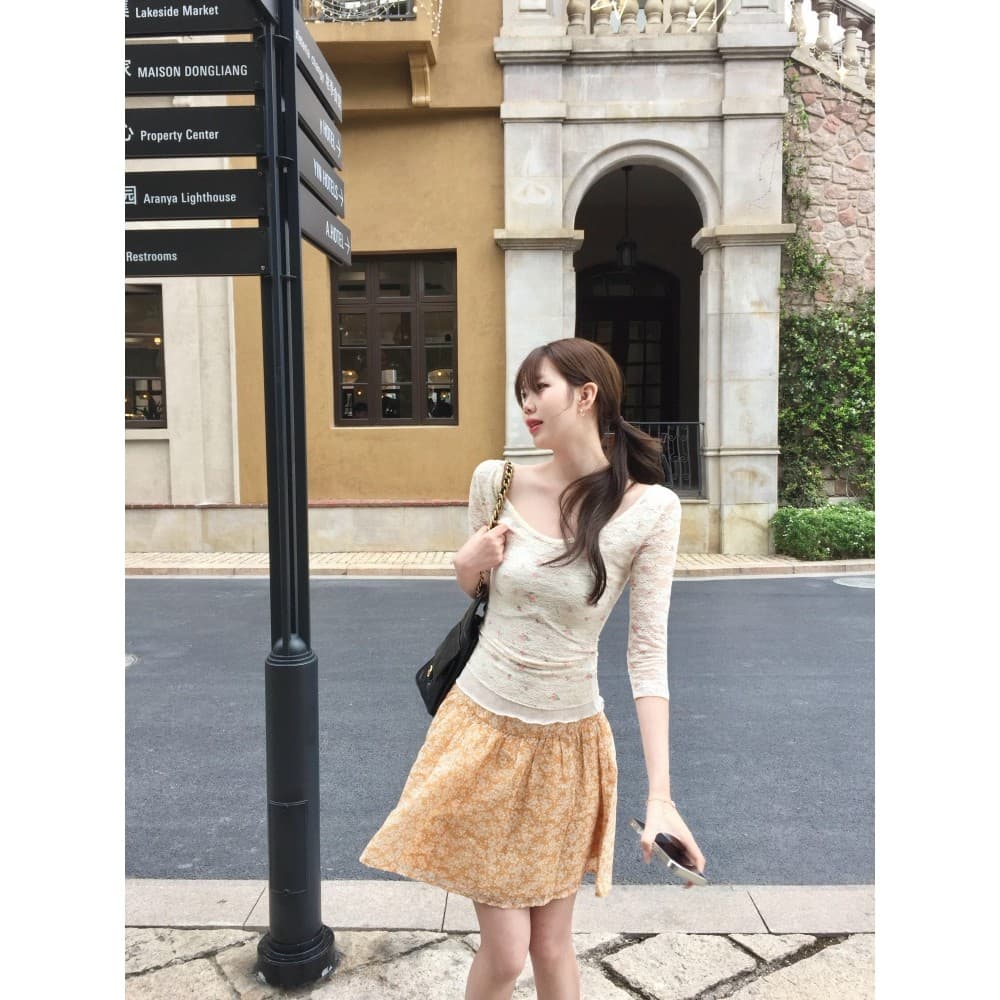 NALYSA saia floral estilo coreano, saia curta de verão, estilo doce, floral, gola em U, manga três quartos, camiseta fem