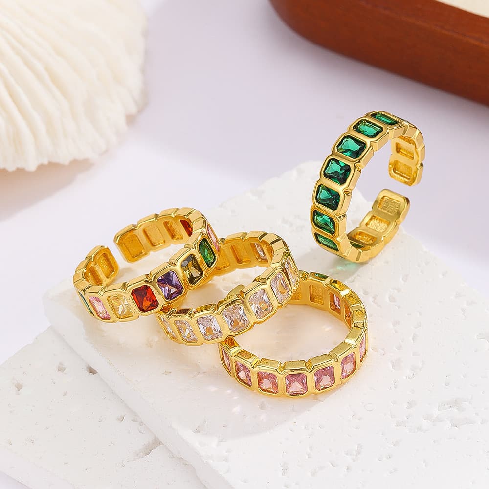 Anel Quadrado de Zircônia Colorida Fedsolife, Banhado a Ouro 18K, Design Aberto Ajustável, Estilo Europeu Luxuoso A8ZT