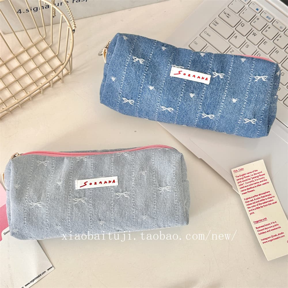 Pequeno coelho branco mesa Denim cor arco papelaria lápis caso mudança saco de armazenamento estudante literário portáti