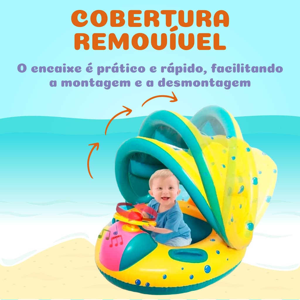 Boia Infantil Bebe Com Cobertura Protecao Solar Cobertor Bote Inflavel Com Buzina Piscina Praia Segura Premium