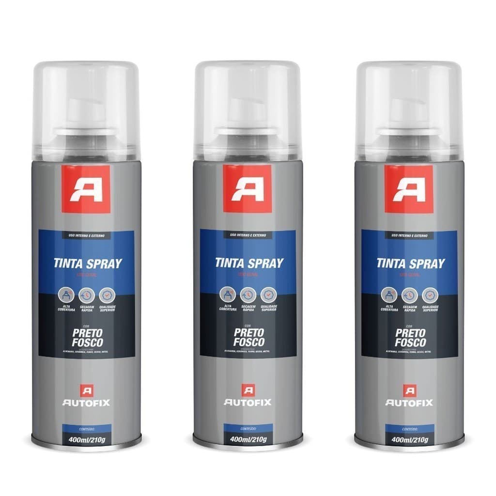 Kit 3 Tinta Spray Uso Geral 400ml - Autofix 400ml / 210g - Preto Fosco