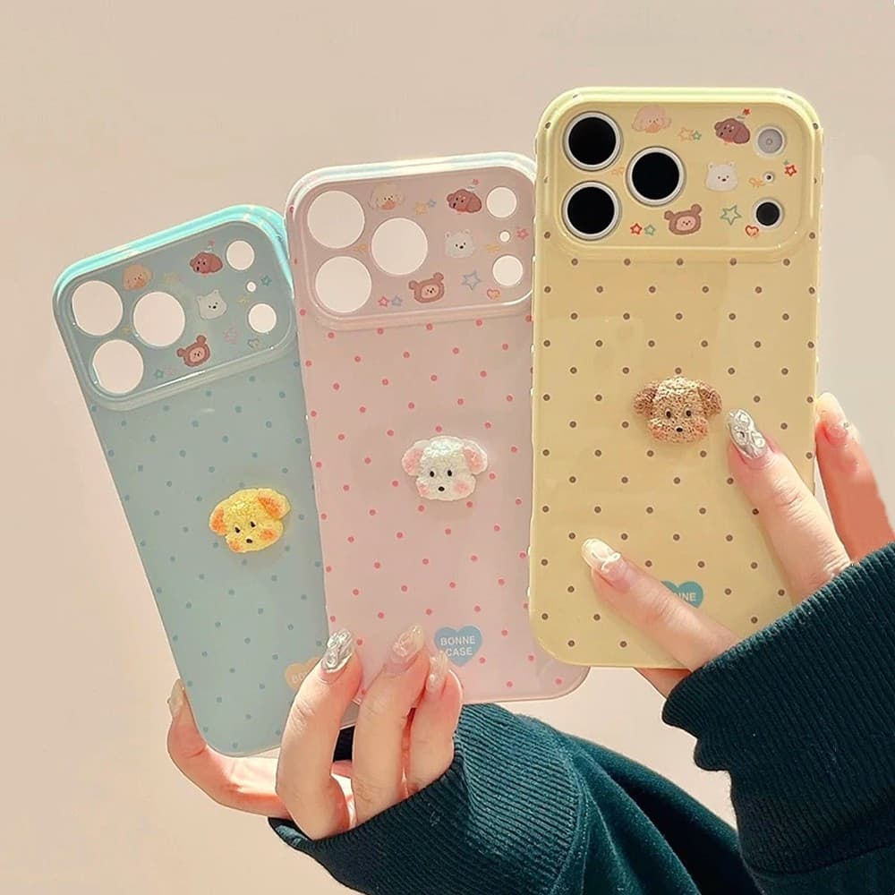 Bonito Bolinhas 3D Filhote De Cachorro Doce Cor Caso De Telefone Para iPhone 17 Pro 16 15 14 13 12 11 Max 15 Plus Capa M