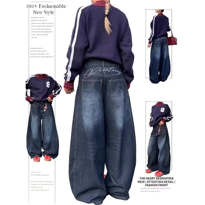 Calça Jeans feminina retrô americana de cintura alta, calça larga solta de rua alta
