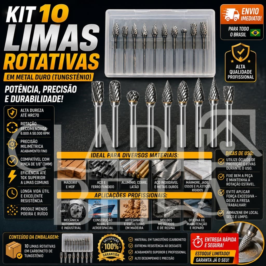 Kit 10 Limas Rotativas Com Case Metal Duro Fresa Tungstênio Escarear Aço Madeira Dremel | Envio Rápido 🇧🇷