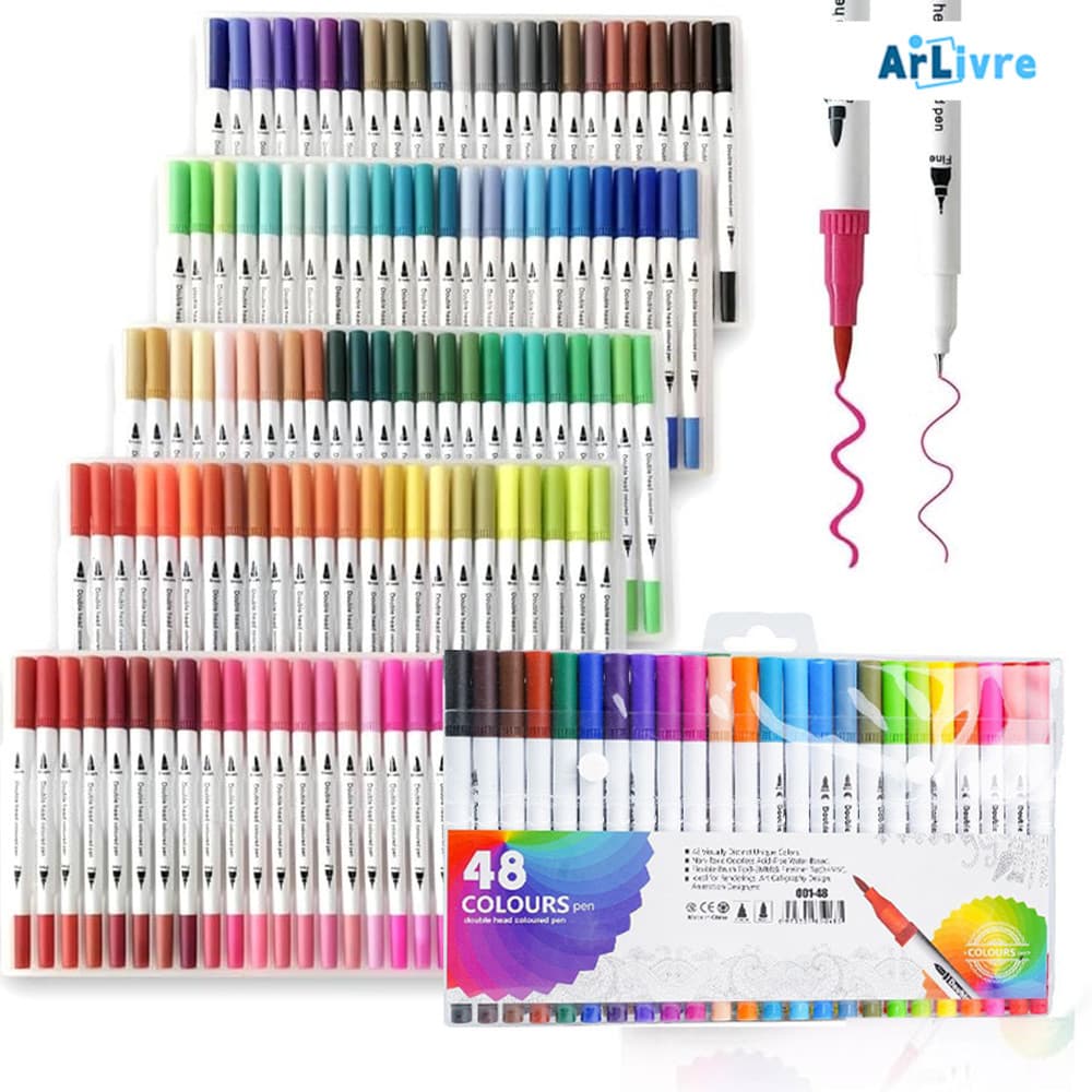 Kit Completo 12/24/36/48/60 Canetas 2 em 1 Brush e Ponta Fina - Tinta Antivazamento + Design Ergonomico