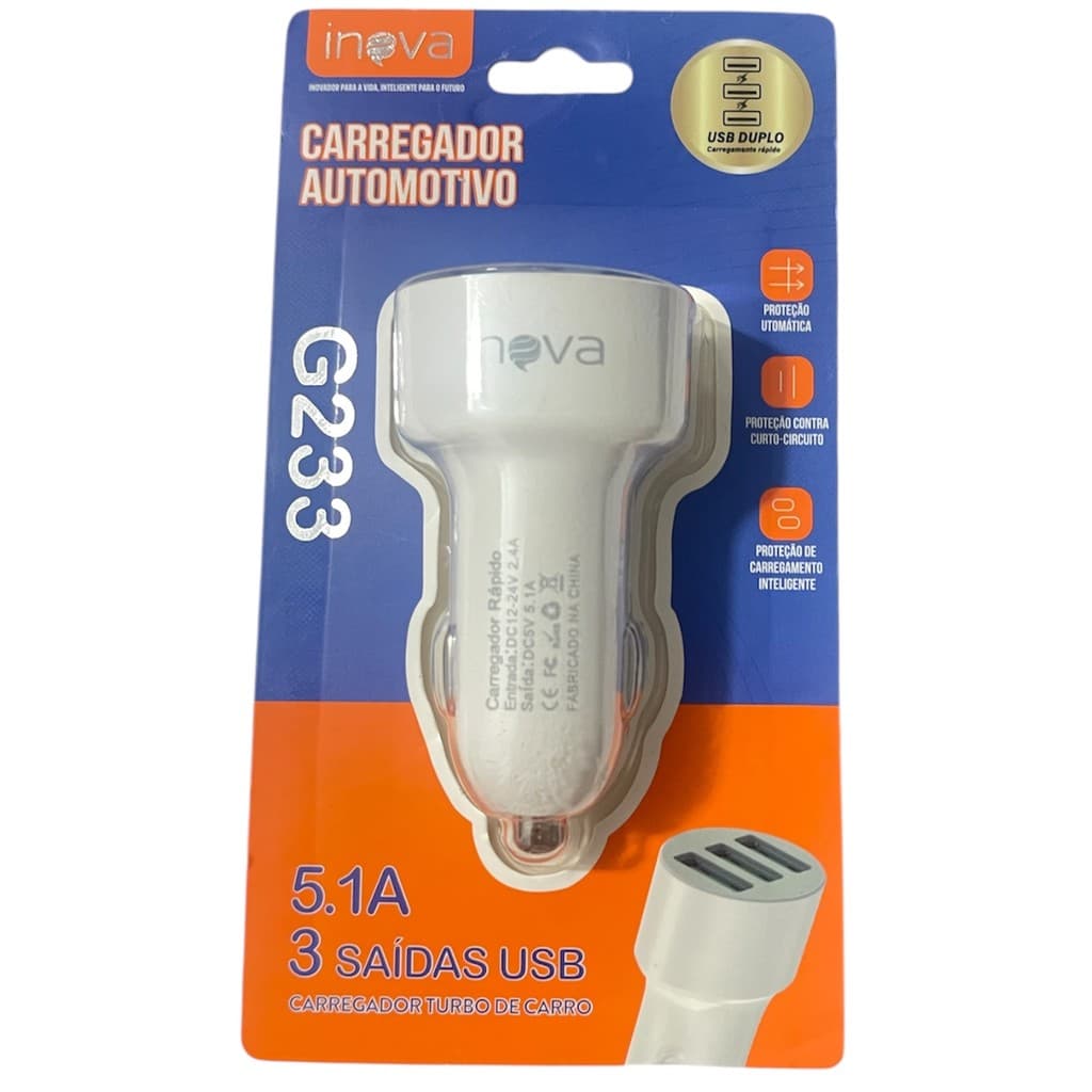 Inova Carregador Automotivo Usb Duplo 5.1A 3Saídas Usb Carregador Turbo De Carro G233