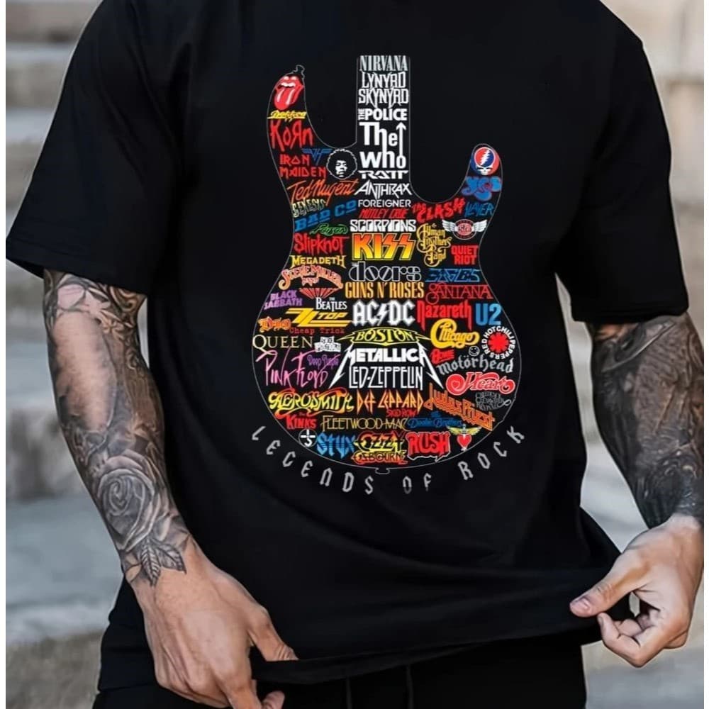 Camiseta Masculina Guitarra Bandas De Rock Black Casual