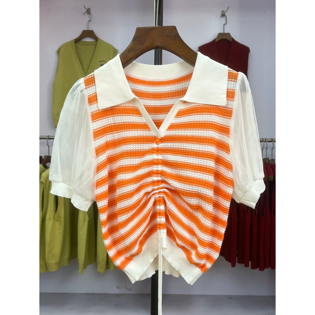 523 2025 primavera novo estilo feminino listrado camisola feminina cordão de manga curta estilo fino gola POLO camisa de