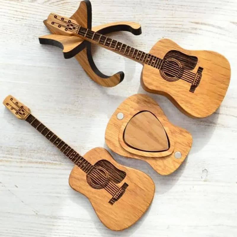 Caixa De Armazenamento De Palheta De Guitarra De Madeira Com Suporte , Vem 3 Palhetas Para Baixo Elétrico Acústico