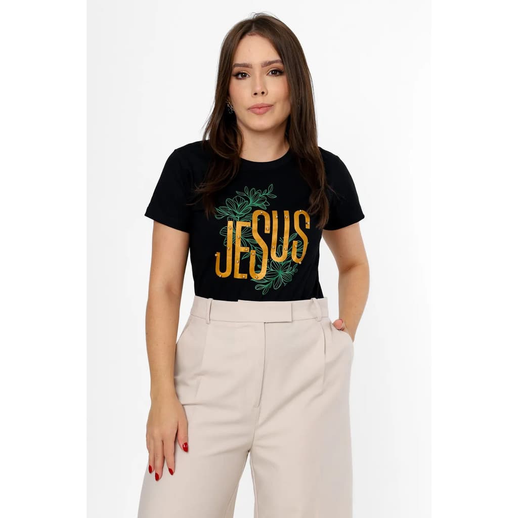 BLUSA FEMININA ESTILOSA CRISTA JESUS FOLHAS PEROLAS BLUSA DE ALGODAO