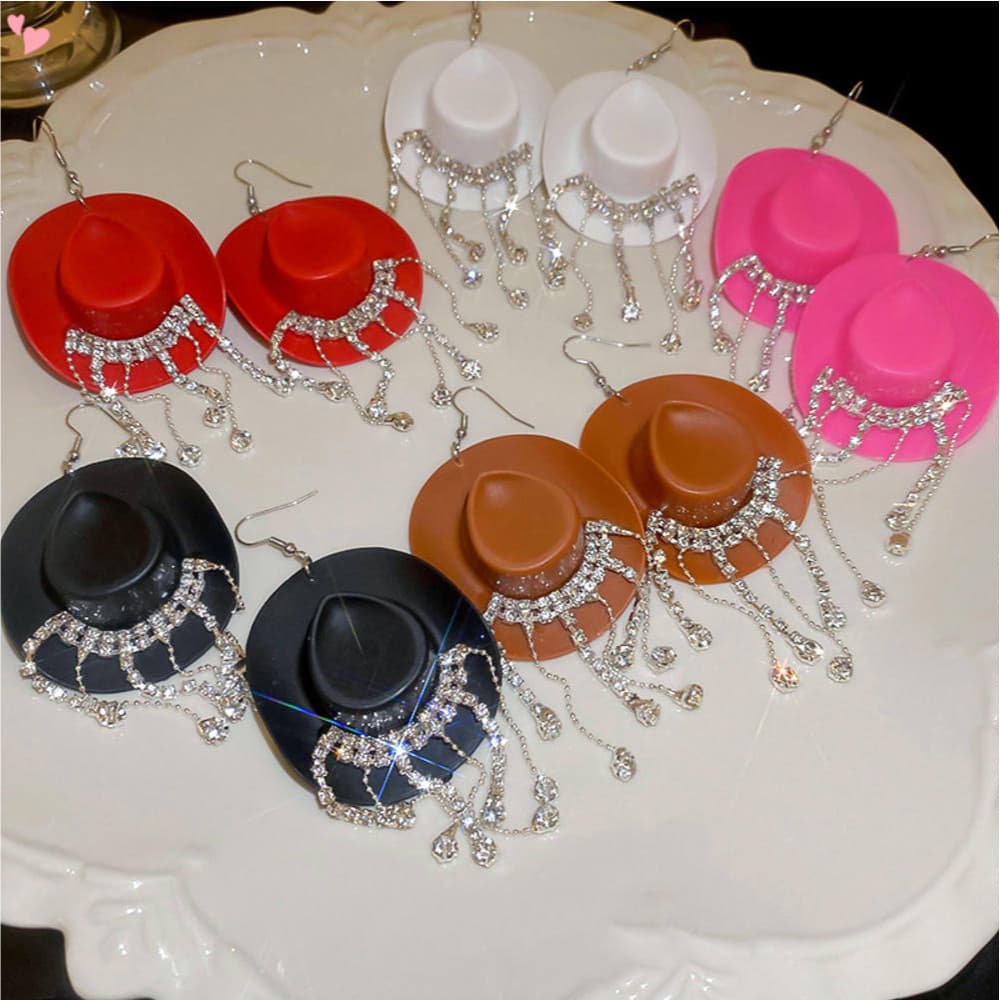 Chapéu De Cowboy Borla Brincos Criativo Gota De Água Balançar Strass Gancho De Orelha Brilhante Eardrops Para Cowgirl Oc
