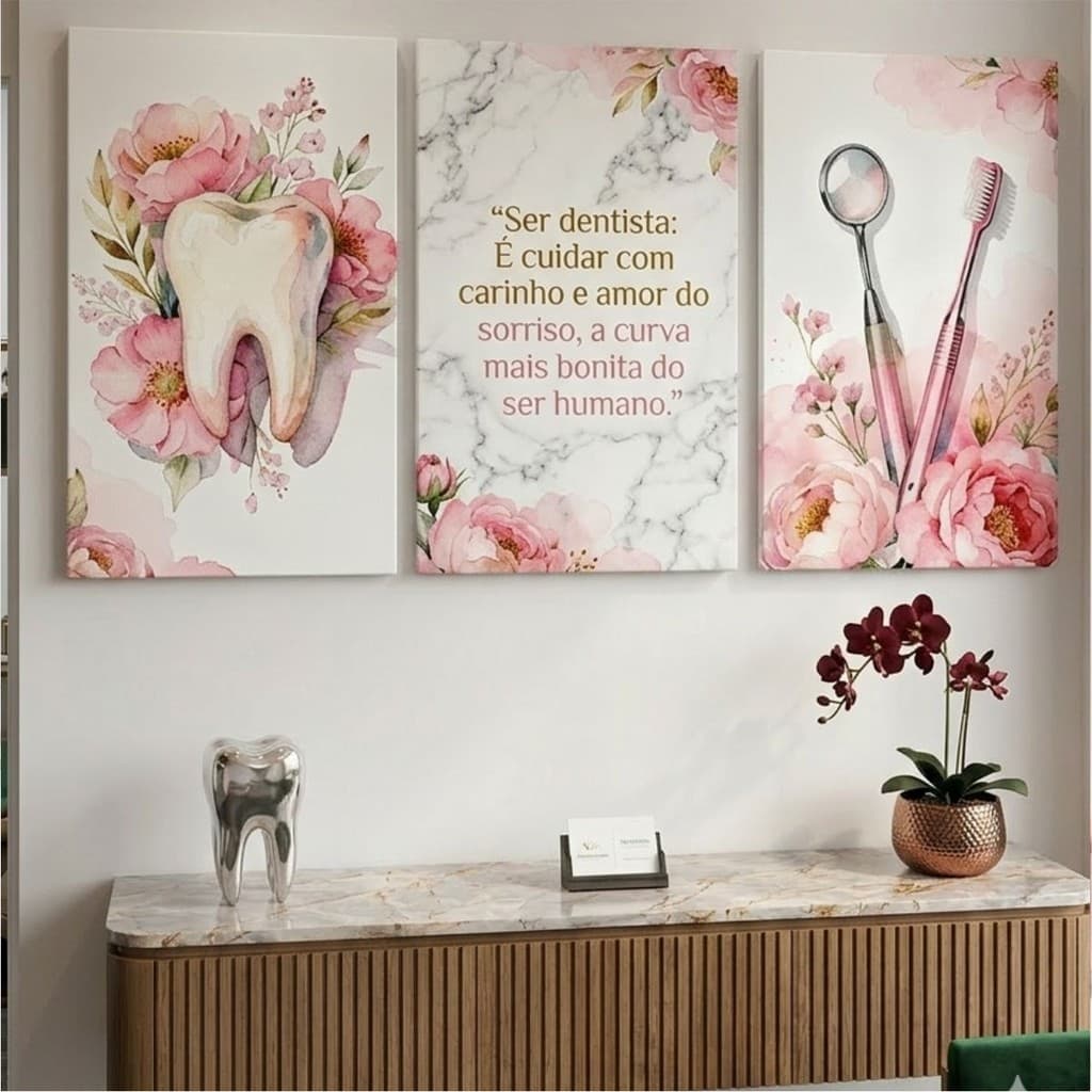 Trio de Quadros Odontologia Dentista Consultório Floral Decorativo Trio Quadros Dentista Consultório Frase Motivacional