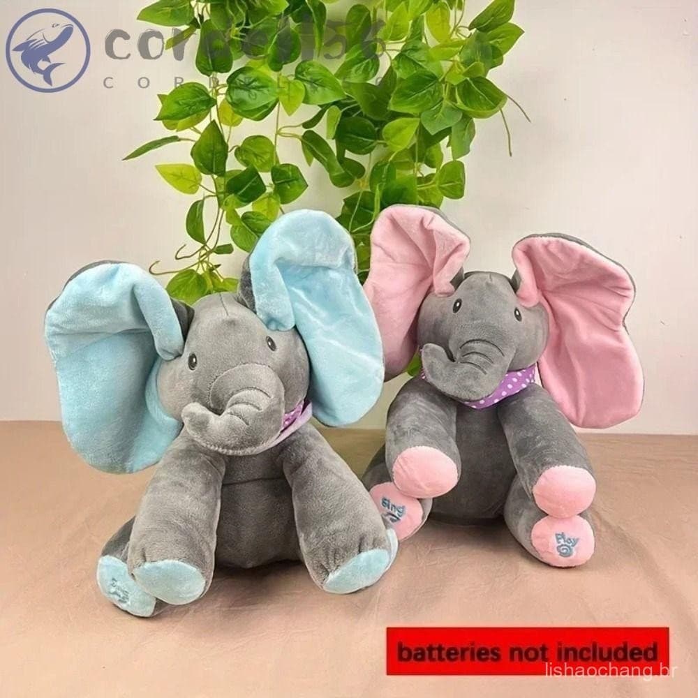 Elefante Esconde-Esconde, Brinquedo de Pelúcia Eletrônico Cantante, Animal Musical com Orelhas Móveis HCBE