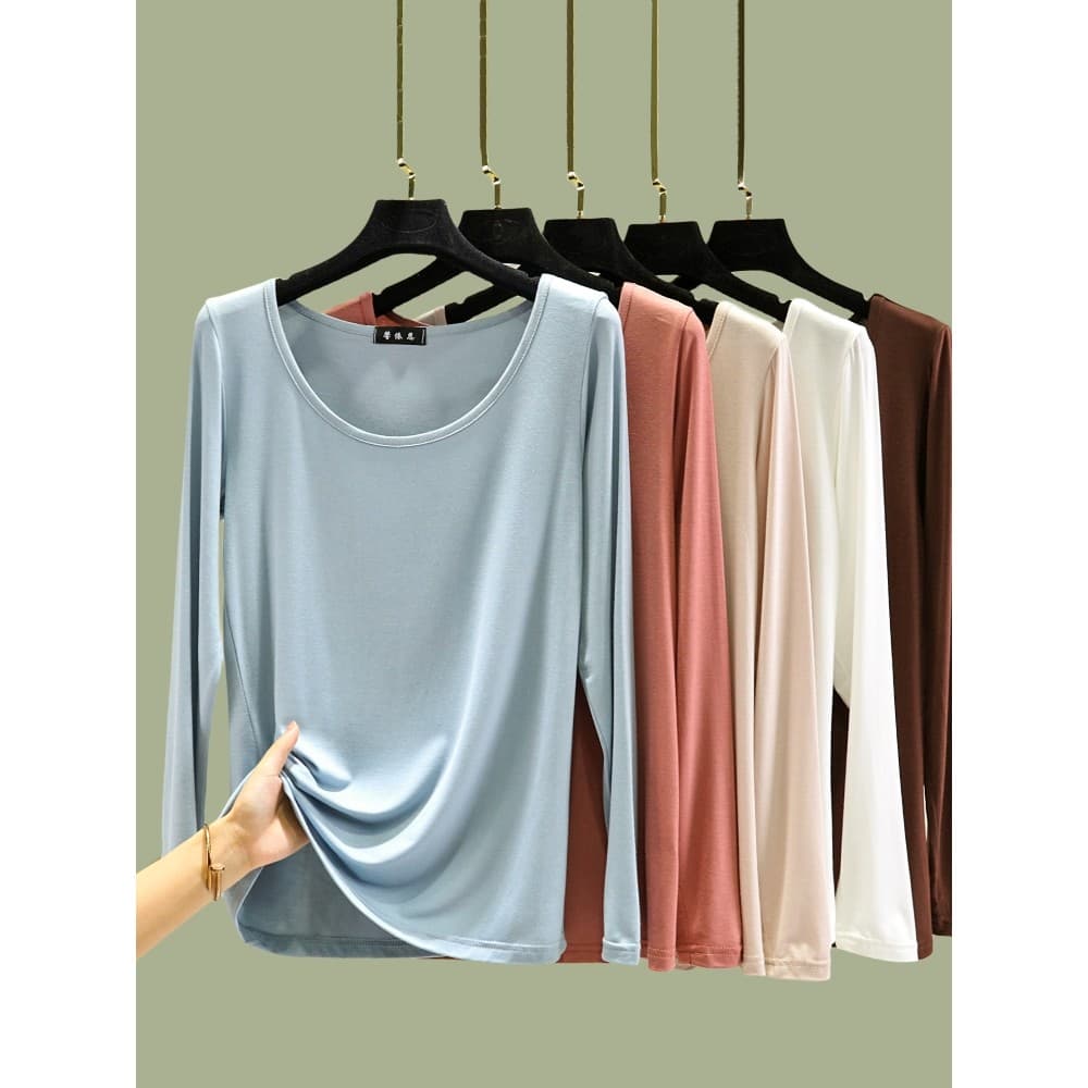 Mulheres outono fino em torno do pescoço de manga comprida camiseta Modal solto mais magro olhar interior simples Casual