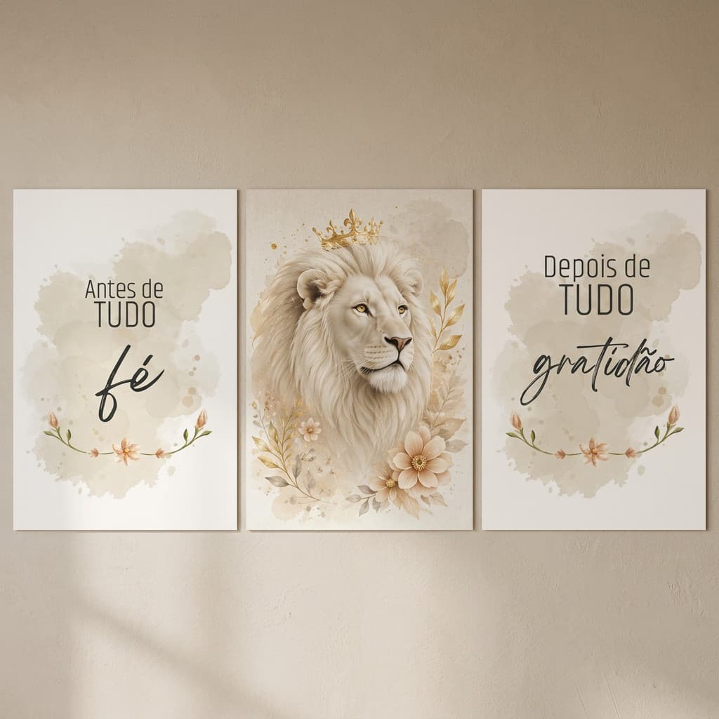 Quadros Decorativos Kit 3 Peças Boho Leão Fácil Instalação
