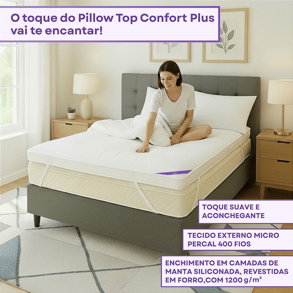 Pillow Top Cama Confort Plus 10cm Altura 1200g/m² Protetor Colchão Lavável Em Máquina 400 Fios Casal 138x188x10 conforto