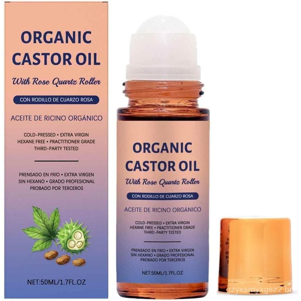 Óleo de Rícino Orgânico com Rolo de Quartzo Rosa, Óleo de Rícino Orgânico Roll-On com Rolo de Quartzo Rosa, 100% Puro, P