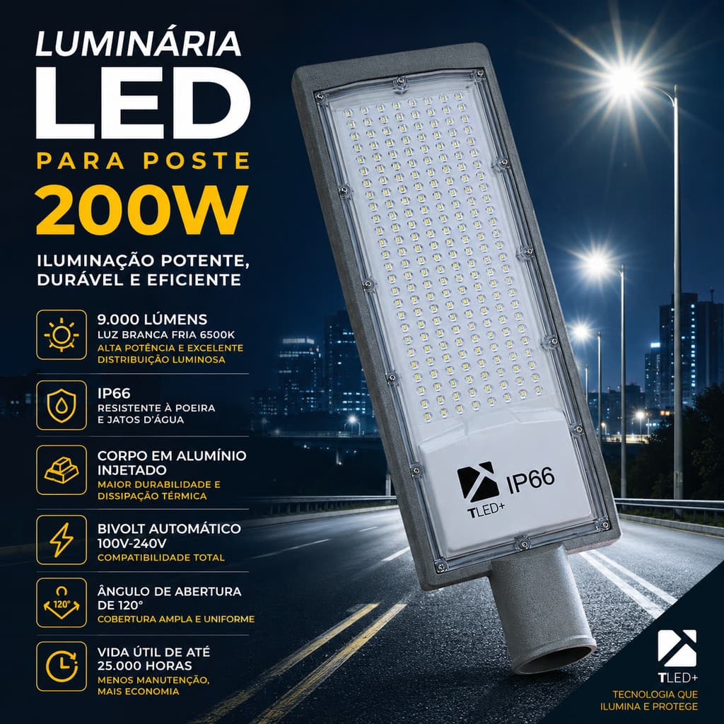 LUMINÁRIA LED POSTE 200W IP66 ALTA POTÊNCIA BRANCO FRIO BIVOLT PARA RUA GALPÃO ESTACIONAMENTOS E OUTROS