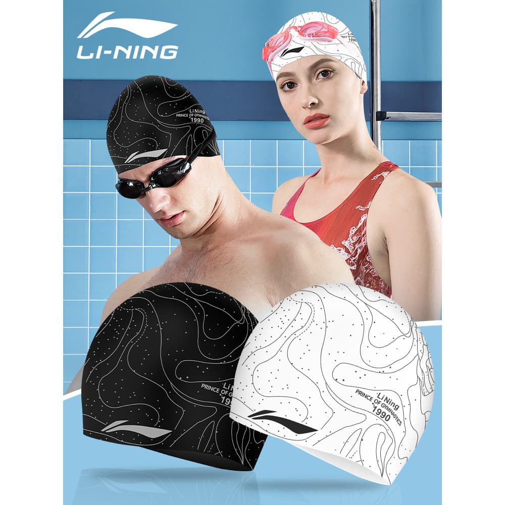 Li Ning Touca de natação profissional de Silicone, masculina, à prova d'água, proteção para os ouvidos, cabelo longo, mo