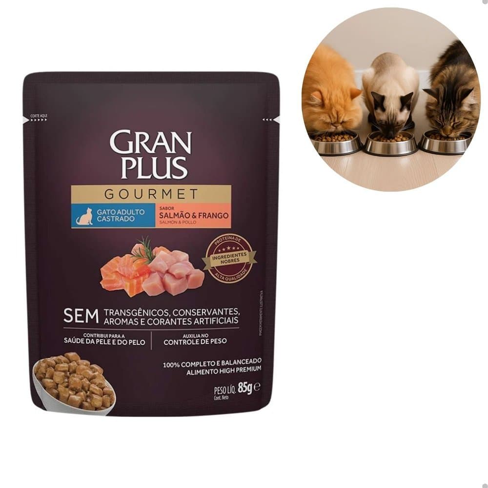 Ração Úmida GranPlus Gourmet Sachê Salmão & Frango para Gatos Castrados