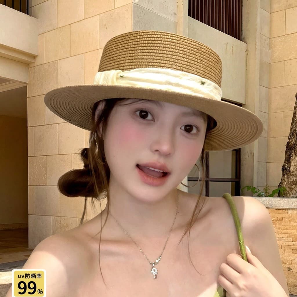 [Estoque pronto] Chapéu de palha francês feminino verão chapéu plano aba grande de sol estilo férias chapéu de so
