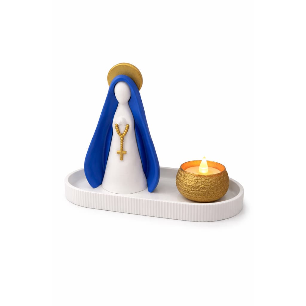 Kit Nossa Senhora Decorativa 13cm com Bandeja e Vela LED