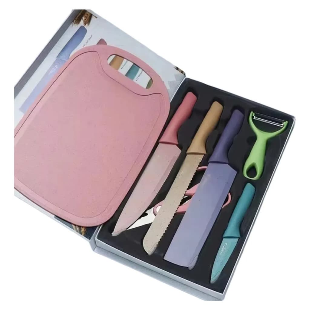 Kit Facas Colorido De Aço Inox  7 Peças com Tabua