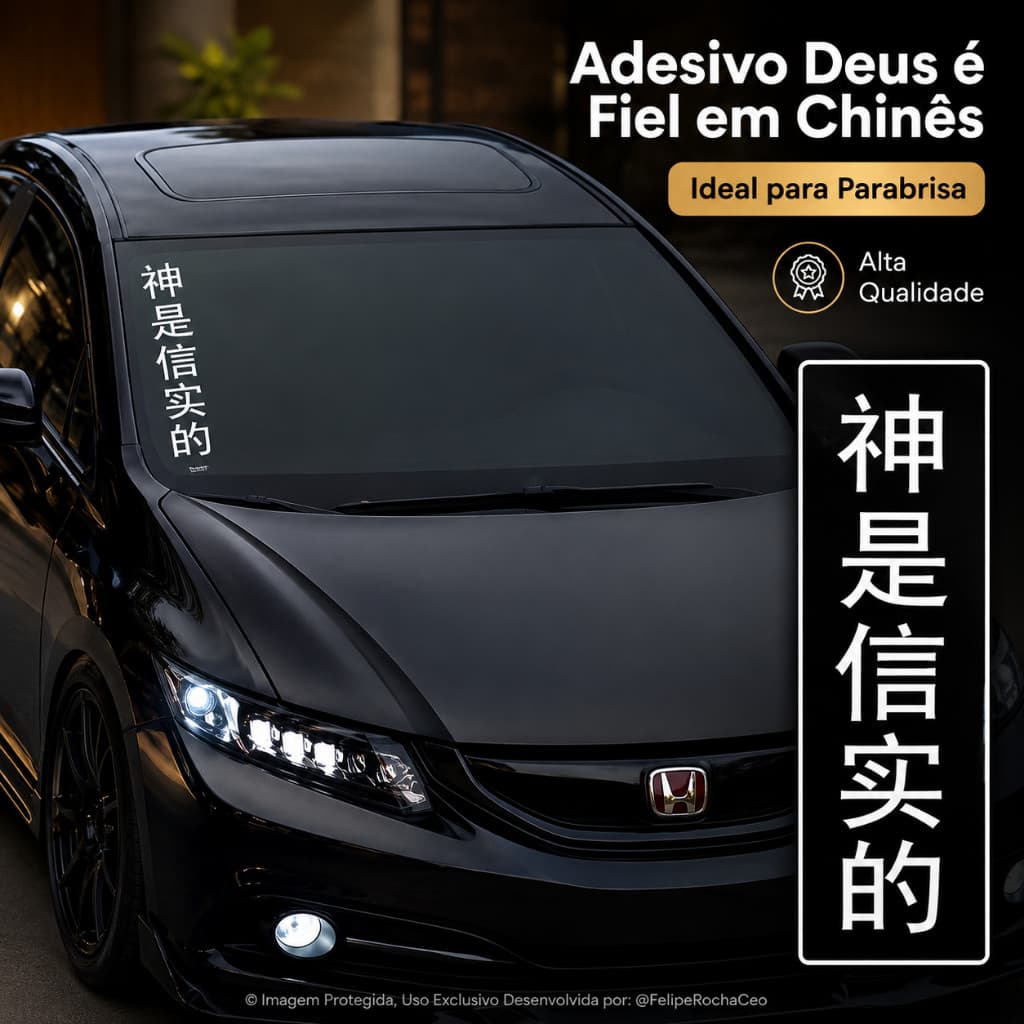 Adesivo Deus é Fiel em Chinês 45x10cm Vinil Recorte Parabrisa Carro Fé Religioso Branco Premium Alto