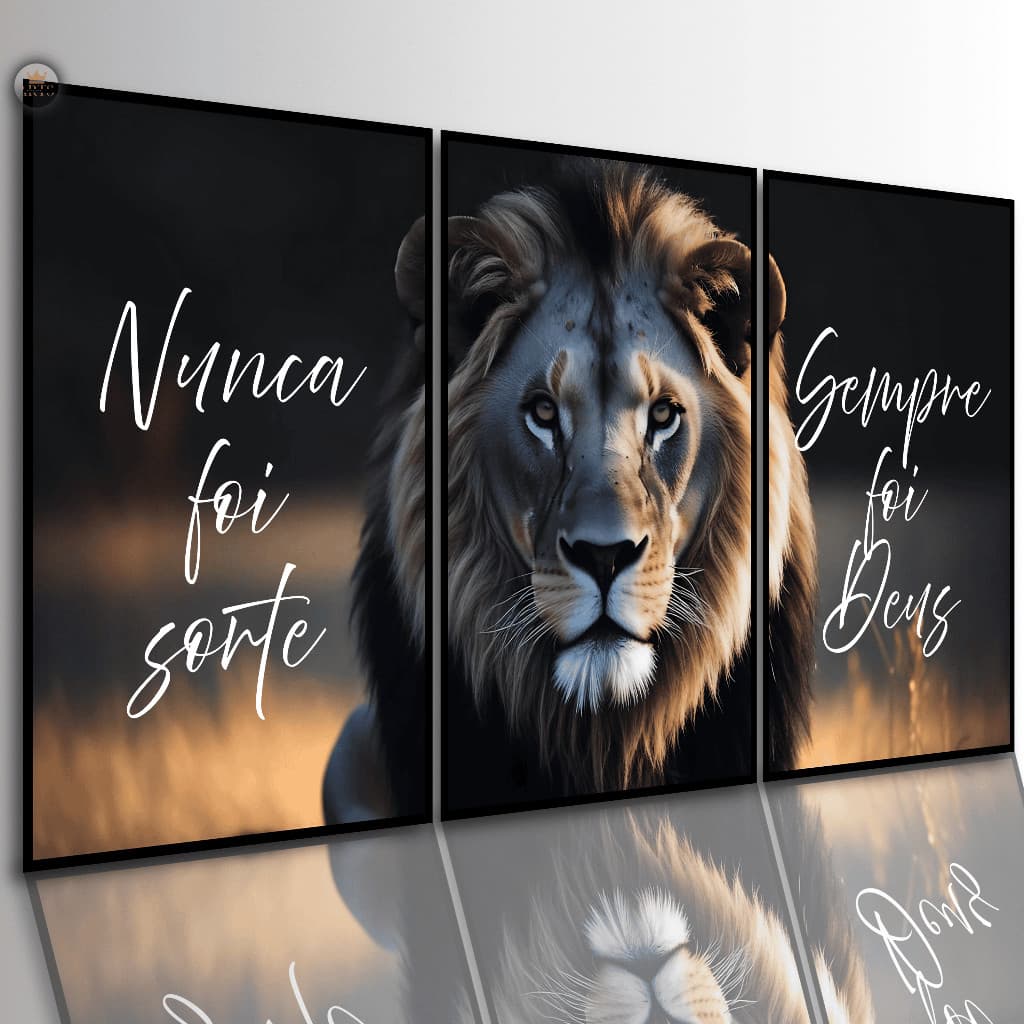 Quadros Decorativos Grande Leão Nunca Foi Sorte Kit 3 Peças Luxo Sala Quarto