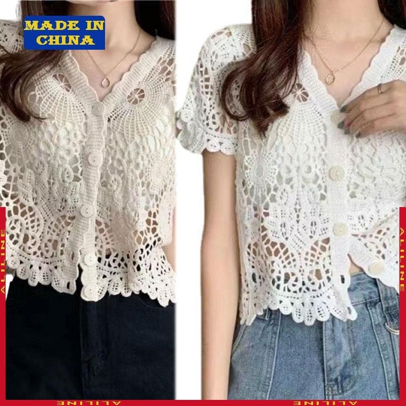 Verão Francês Curta Renda Encolher Oco Crochê Malha Bolero Cardigan Decote V Botão Para