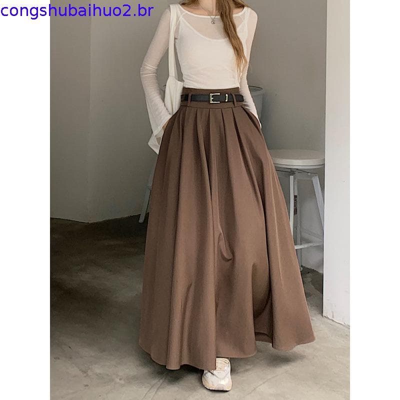 Nova saia Oversized terno plissado Plus Size saia feminina outono Drape Retro cinto para tornozelo saia longa