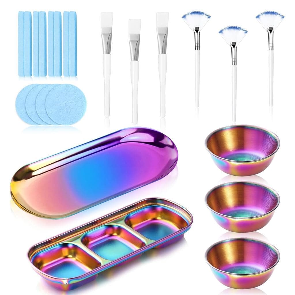 23 Suprimentos para Esteticista Rainbow: 3 Tigelas de Aço Inoxidável para Mistura de Máscaras Faciais, 3 Pincéis em Lequ