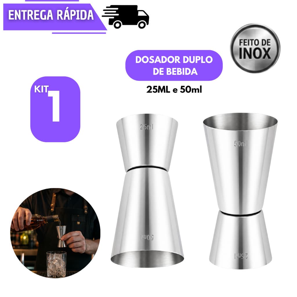 Dosador de Bebidas Aço Inox 25ml e 50ml Medidor Drinks Coquetelaria Coquetel Profissional Barman Dosadores Bebida