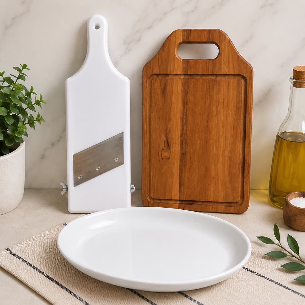 Kit Mandoline Fatiador de Legumes + Tábua Madeira Teca + Travessa de Porcelana