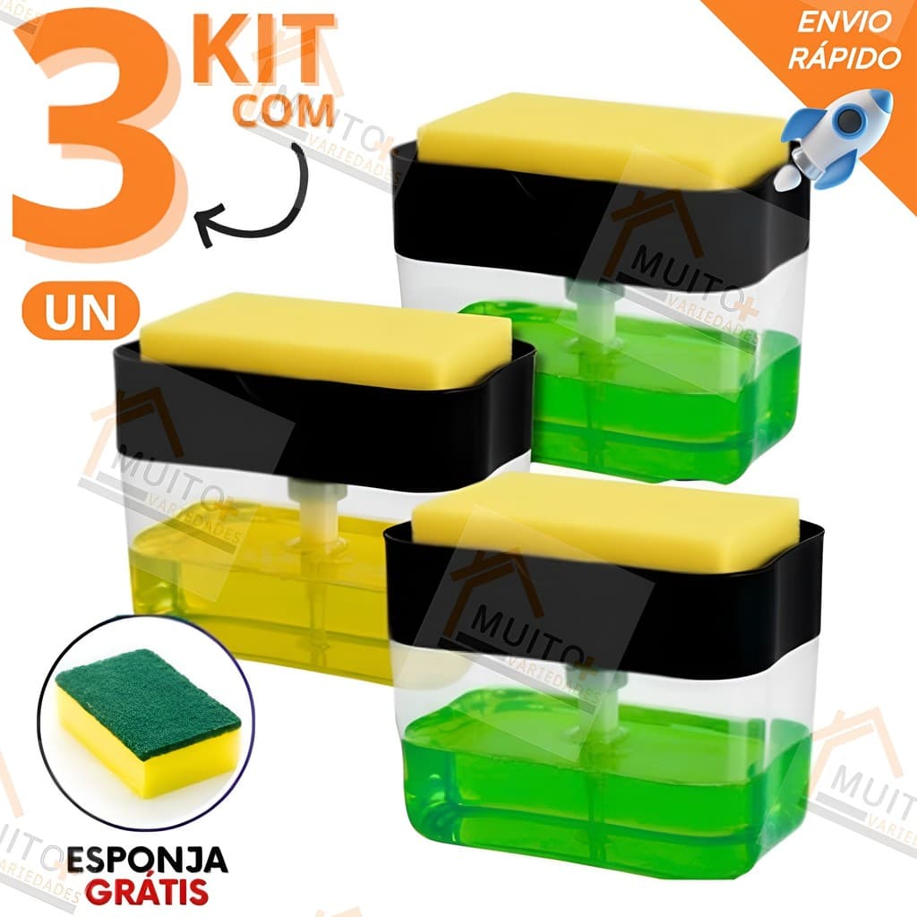 Kit 3 Dispenser de Detergente Porta Sabão Líquido com Suporte Para Bucha e Esponja Limpeza Cozinha
