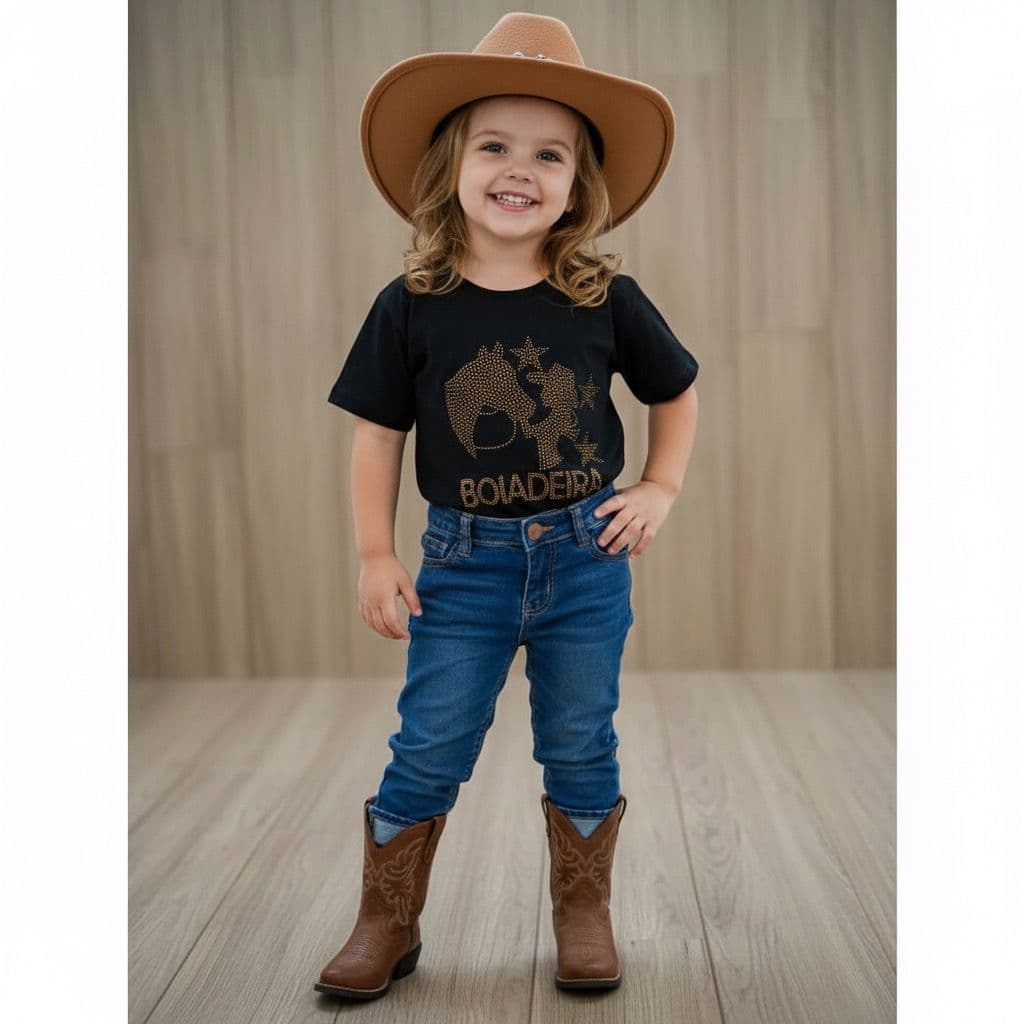 Camiseta Boiadeira Country Pedraria Brilho Preta Moda Sertaneja Feminina