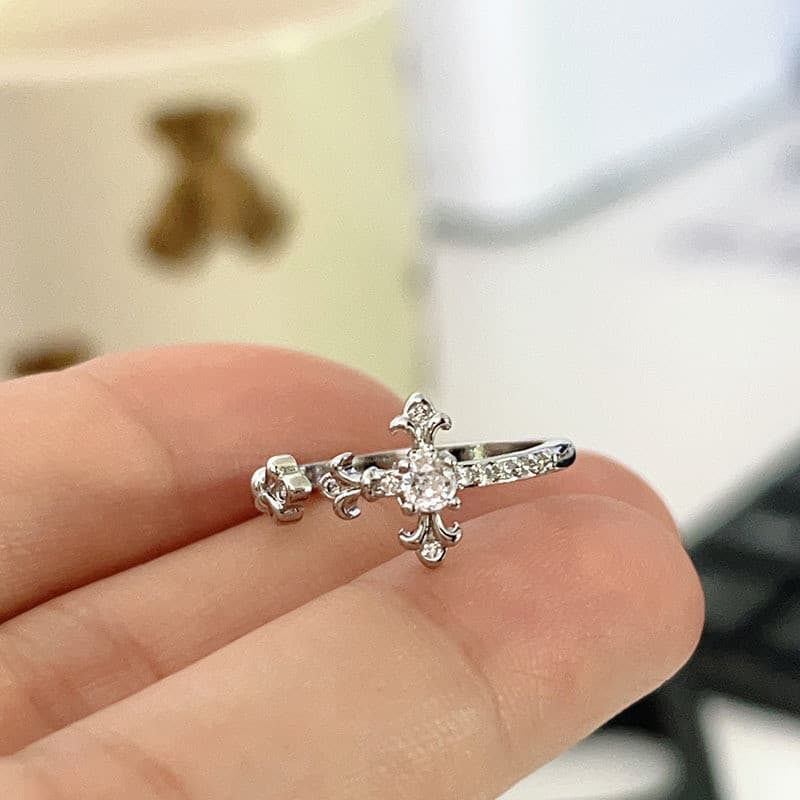 Anel de zircão íris Design exclusivo retrô elegante luz luxo piscando diamante cruz flor anel de dedo indicador
