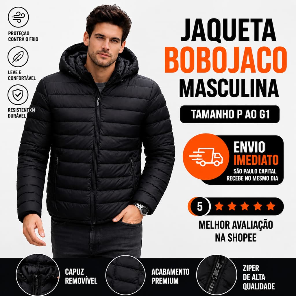 Jaqueta Puffer Preta Com Capuz Estilo E Conforto Dias Frios