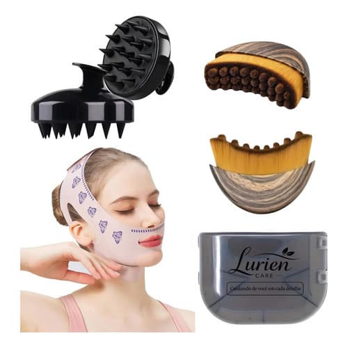 Escova massageadora facial Drenagem Linfática + Escova Couro Cabeludo Capilar + Mascara Modeladora Facial