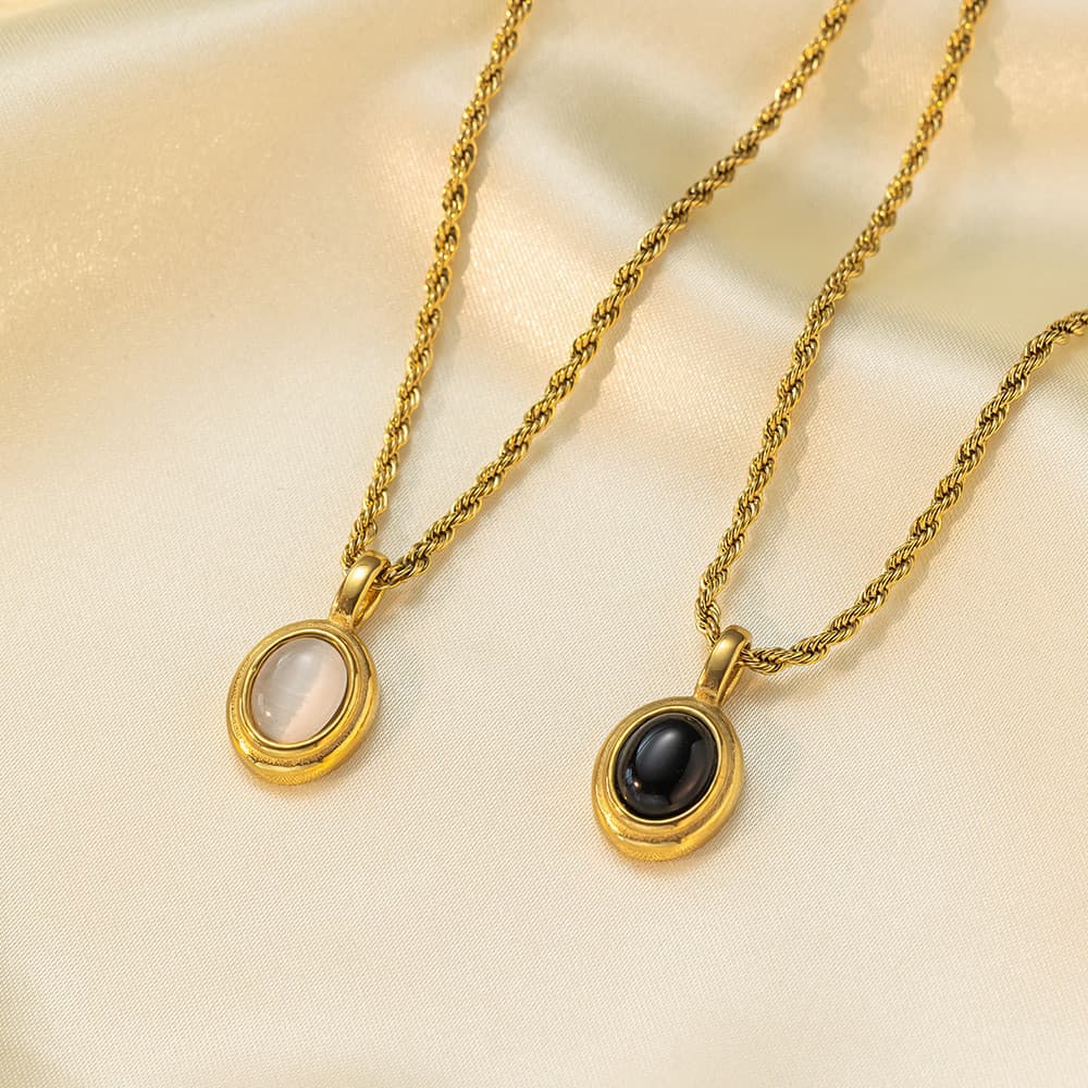 Colar feminino de aço titânio com ágata preta vintage estilo francês, corrente de clavícula de aço inoxidável de alta qu