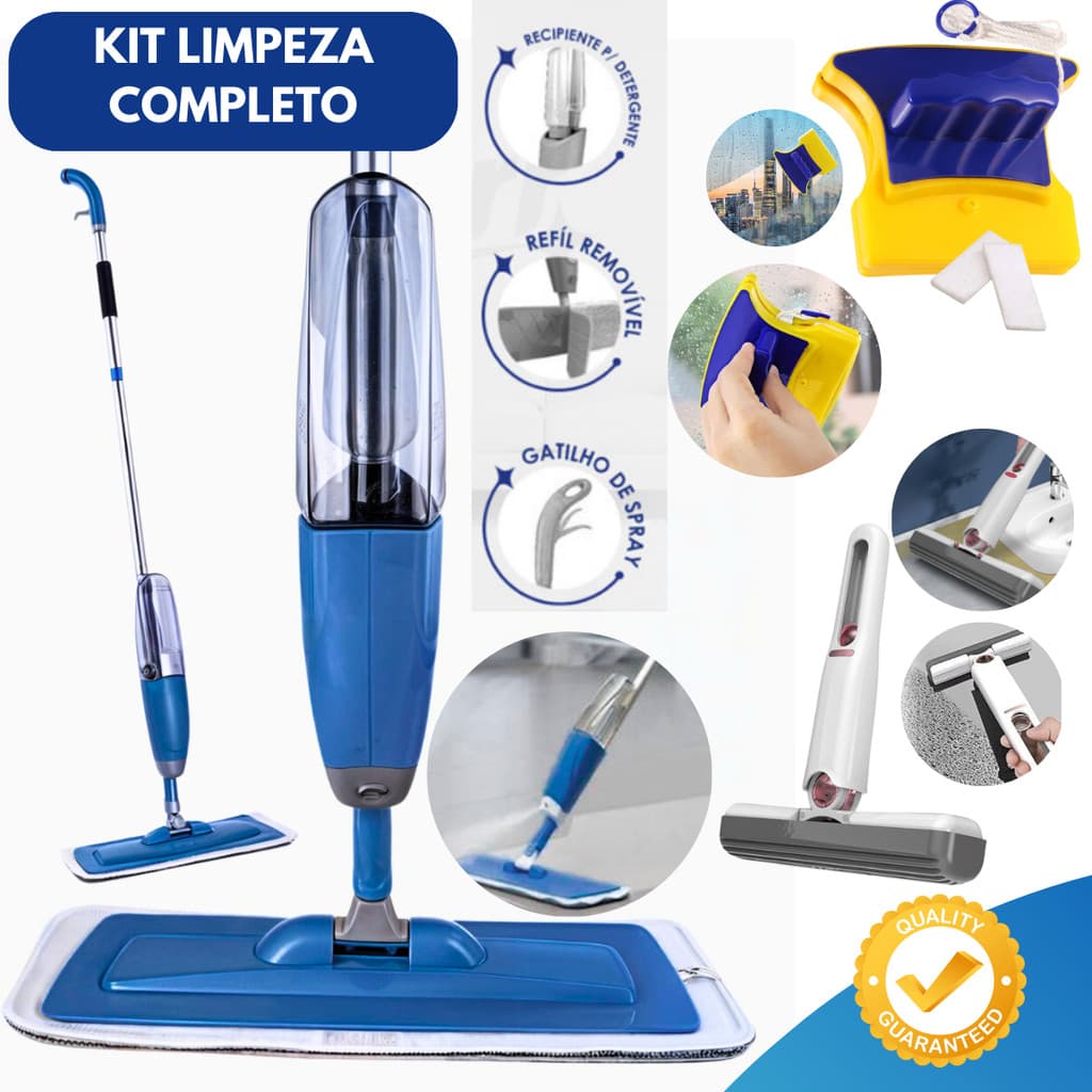 MOP Spray Limpeza Faxina Prática + Limpa Vidros Magnético Janelas e Vidros + Mini MOP Multiuso