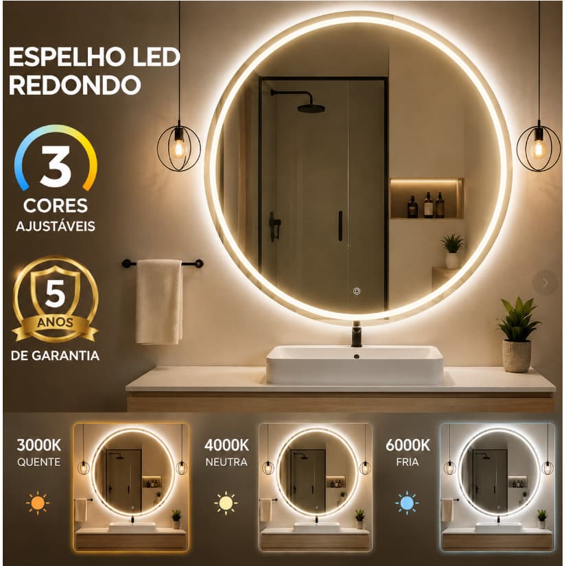 Espelho Inteligente Redondo 60x60cm LED Touch 3 Cores Banheiro, Vidro Antiexplosivo, Bivolt 127/220V