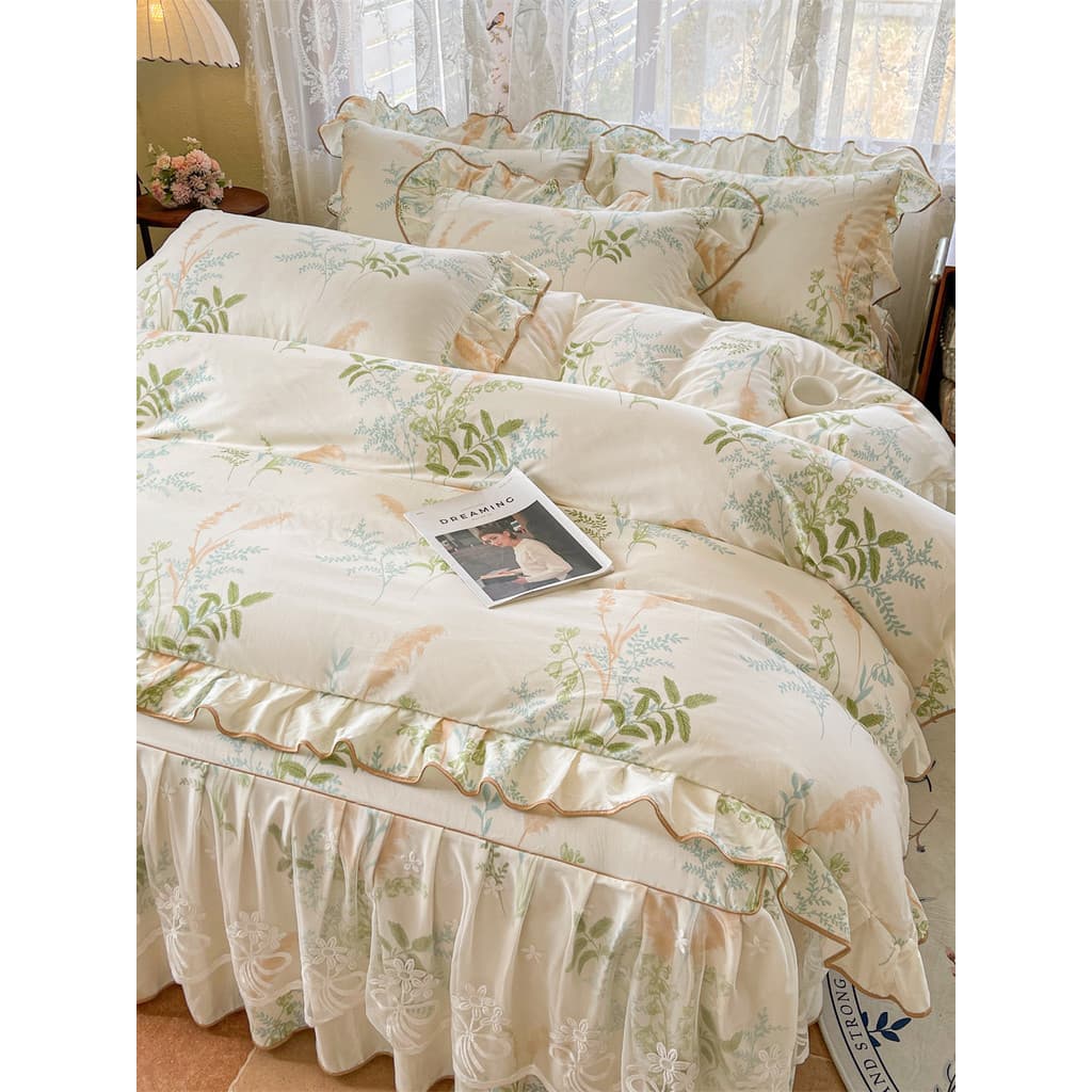 Versão coreana luz luxo renda saia de cama quatro peças conjunto 100 algodão lençol colcha capa cama quatro estações Uni
