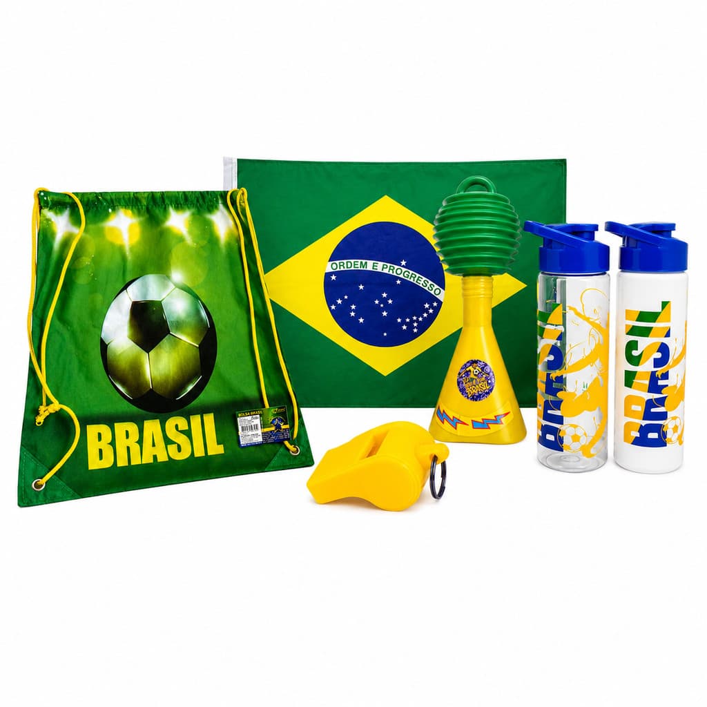 Kit Torcida Brasil Completo Copa do Mundo 2 Squeezes Bandeira Bolsa Saco Buzina e Apito