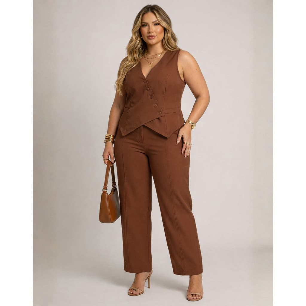 Conjunto Feminino Plus Size Alfaiataria Viscose Premium Calça Colete Elegante Moderno Social