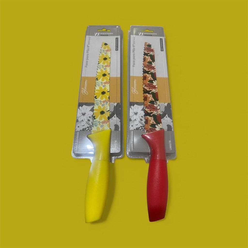 Faca Decorada Flores Para Pão Amarela Vermelha