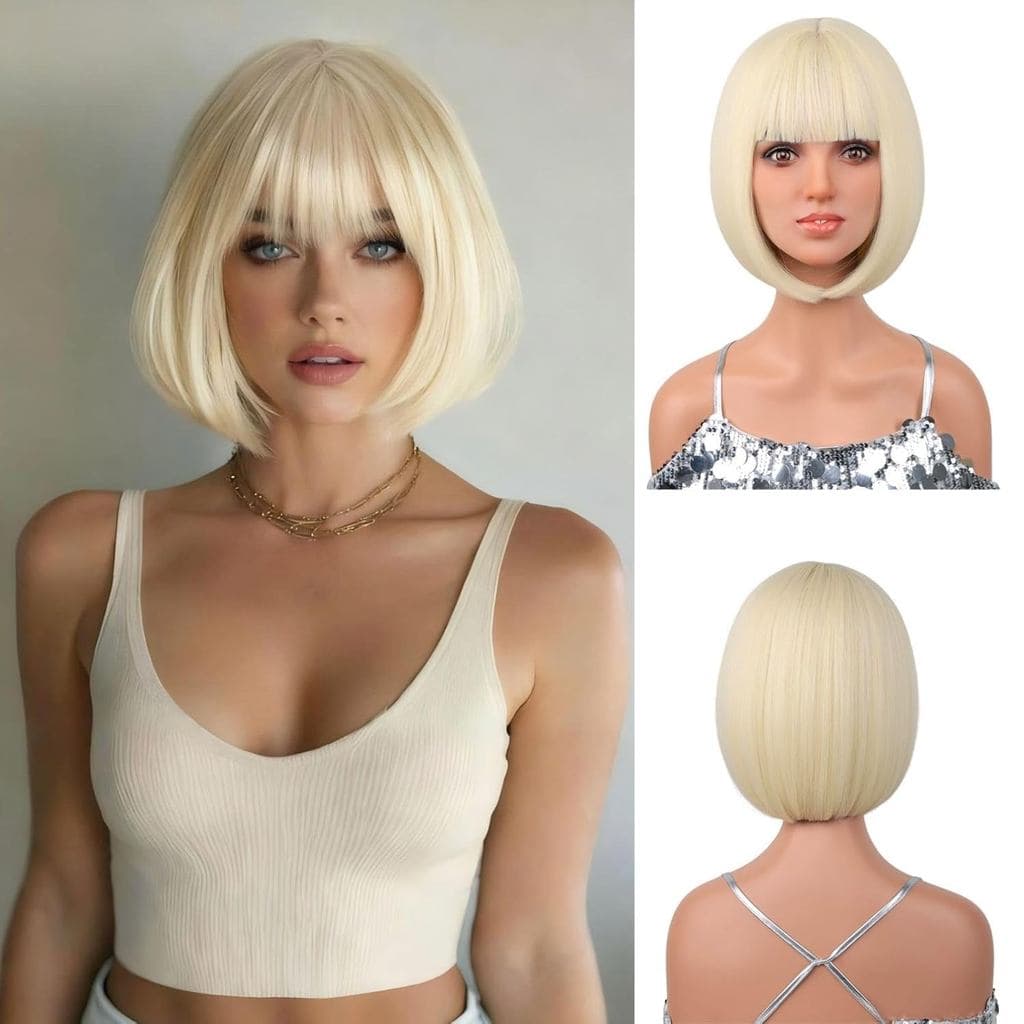 Peruca bob, peruca loira com franja, alça ajustável, fibra sintética colorida resistente ao calor, adequada para cosplay