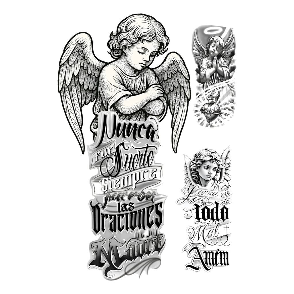 01 Cartela Tatuagens Temporária Anjos / formatos 16x27 e 4x10 cm. com 3 Tatuagens
